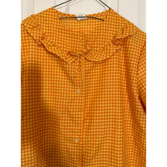 Vintage Texsheen Gingham House Dress 32 Yellow Orange Cottagecore Picniccore - Picture 2 of 8